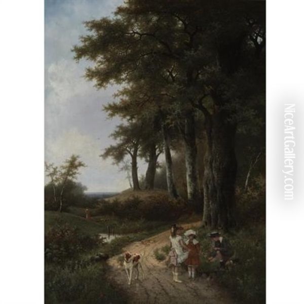 Children Picking Flowers In A Park (in Collab. W/hendrik Pieter Koekkoek) Oil Painting by Albert Roosenboom