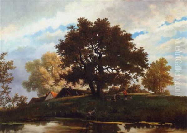 A Group Of Boys With Their Dogs Lazing Under A Tree By A River Oil Painting by Albert Roosenboom