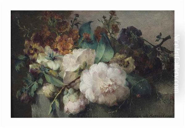 Peonies And Violets On A Stone Ledge Oil Painting by Margaretha Roosenboom