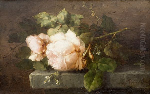 Still Life Of Pink Roses On A Stone Ledge Oil Painting by Margaretha Roosenboom