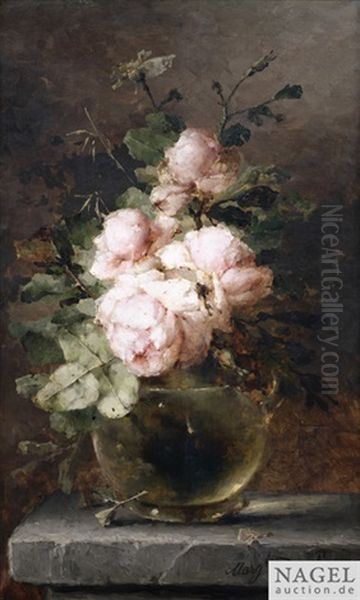 Stilleben Mit Rosafarbenen Rosen In Einer Glasvase Auf Steinpodest Oil Painting by Margaretha Roosenboom