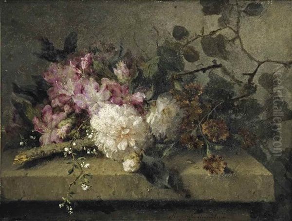 Rhododendrons And Roses On A Stone Ledge Oil Painting by Margaretha Roosenboom