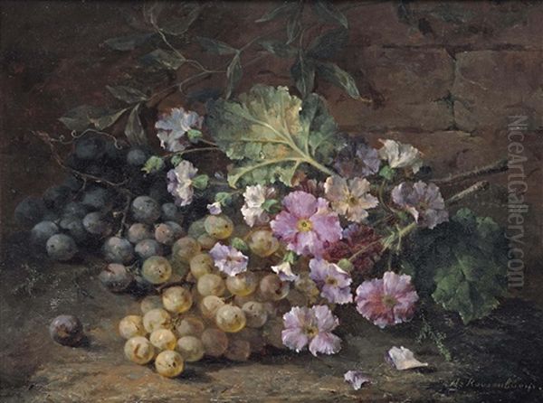 Purple Primulas With Grapes Oil Painting by Margaretha Roosenboom