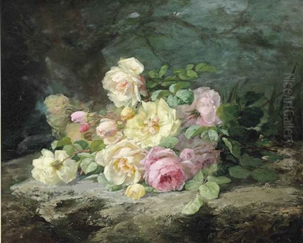 White And Pink Roses On A Forest Floor Oil Painting by Margaretha Roosenboom