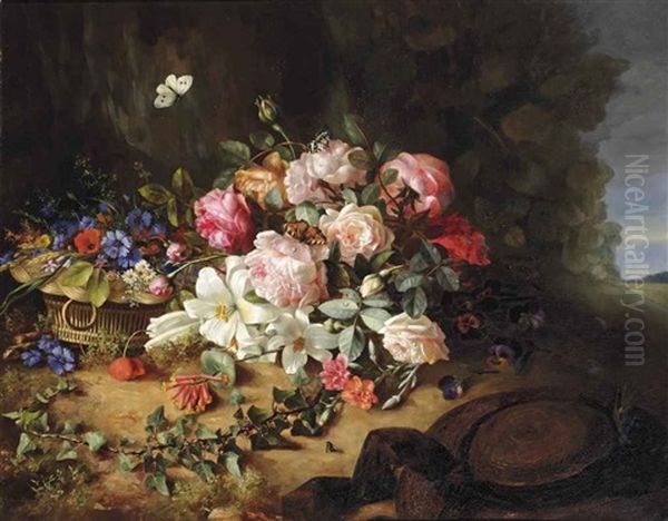 Gallica Roses, White Lilies, Carnations, Cornflowers, Hollyhocks, Honeysuckle, An Ivy Branch And Butterflies On A Forest Floor Oil Painting by Margaretha Roosenboom