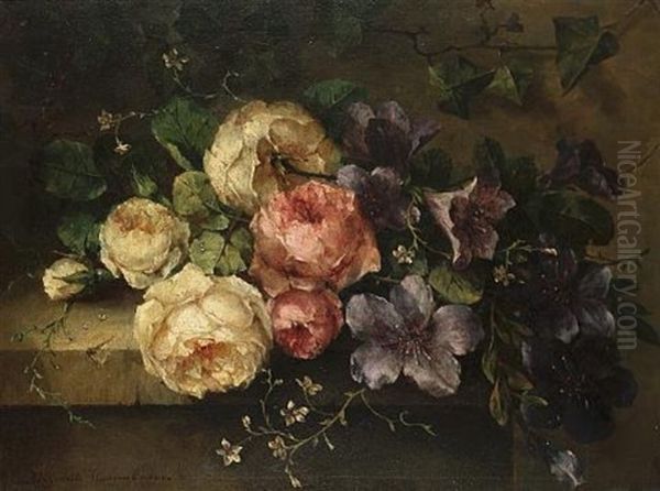 Still Life Of Roses And Convolvulus On A Stone Ledge Oil Painting by Margaretha Roosenboom