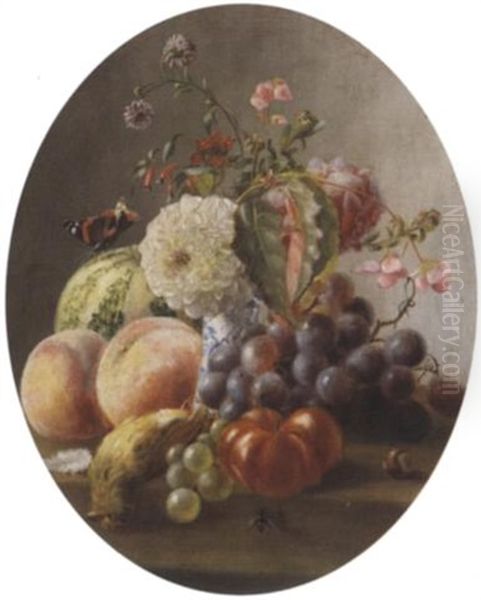 Reiches Herbstliches Stilleben Mit Trauben, Kurbissen, Pfirschen Und Erlegtem Singvogel Vor Einem Blumenstraus Oil Painting by Margaretha Roosenboom