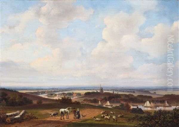 Figures With Cattle And A Horse In A Panoramic Summer Landscape Oil Painting by Nicolaas Johannes Roosenboom