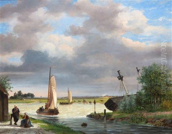 Busy Day On The River And A Shipyard Near Kampen Oil Painting by Nicolaas Johannes Roosenboom