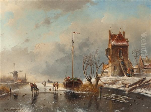 Schlittschuhfahrer Auf Einem Kanal Oil Painting by Nicolaas Johannes Roosenboom