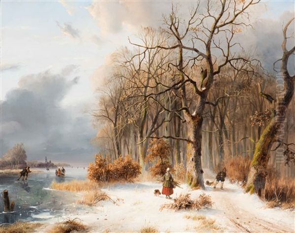 Ice Skaters And Wood Gatherers In A Winter River Landscape With A City In The Background Oil Painting by Nicolaas Johannes Roosenboom