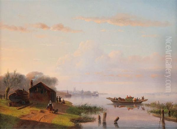 Rivierlandschap Met Overzetboot Oil Painting by Nicolaas Johannes Roosenboom