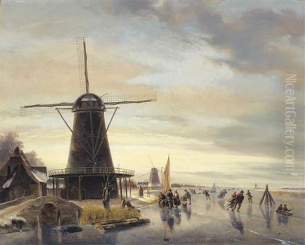 Skaters On A Frozen Waterway Oil Painting by Nicolaas Johannes Roosenboom