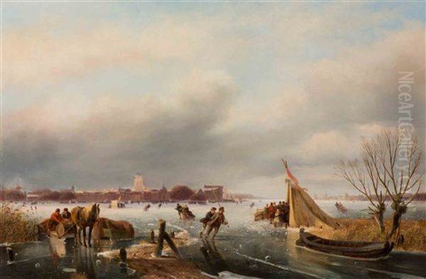 Skaters At A 'koek-en-zopie-tent' With The City Of Dordrecht In The Background Oil Painting by Nicolaas Johannes Roosenboom