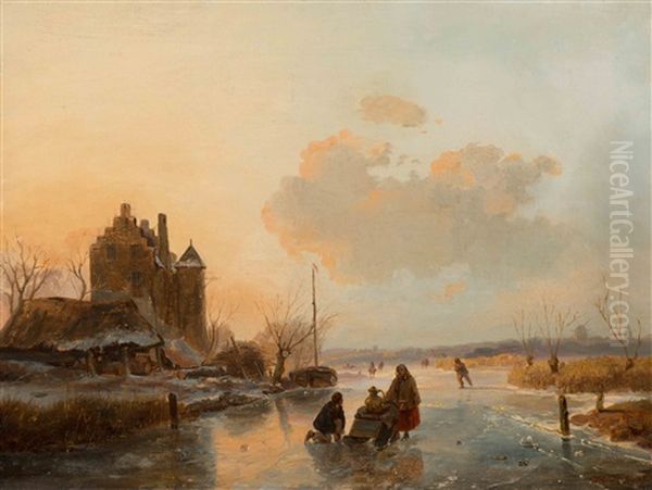 Skaters On The Ice At Dusk Oil Painting by Nicolaas Johannes Roosenboom