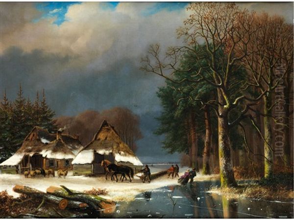 Winterliche Ansicht Mit Bauernhausern Und Figuren Beim Eisvergnugen Oil Painting by Nicolaas Johannes Roosenboom