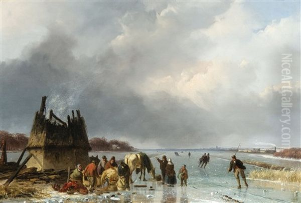 Winter Landscape With Ice Skaters Oil Painting by Nicolaas Johannes Roosenboom