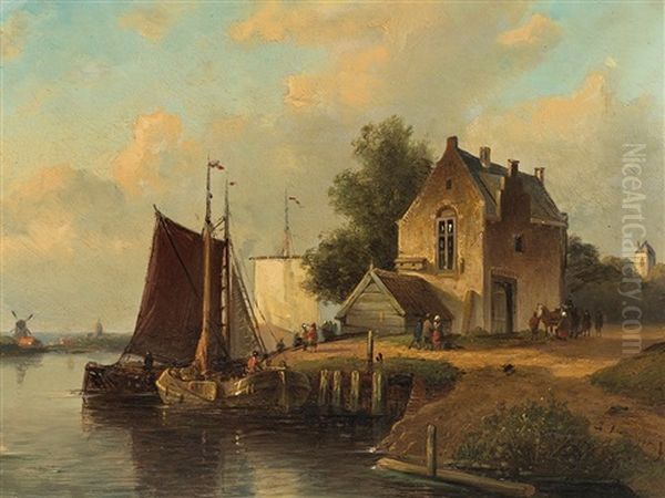 Harbor Scene Oil Painting by Nicolaas Johannes Roosenboom