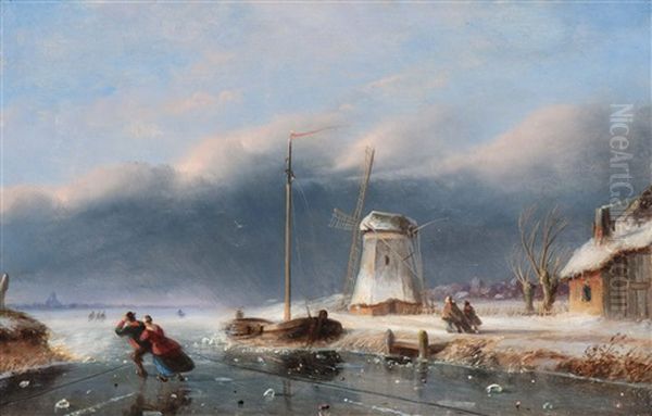 Skaters On The Ice Oil Painting by Nicolaas Johannes Roosenboom