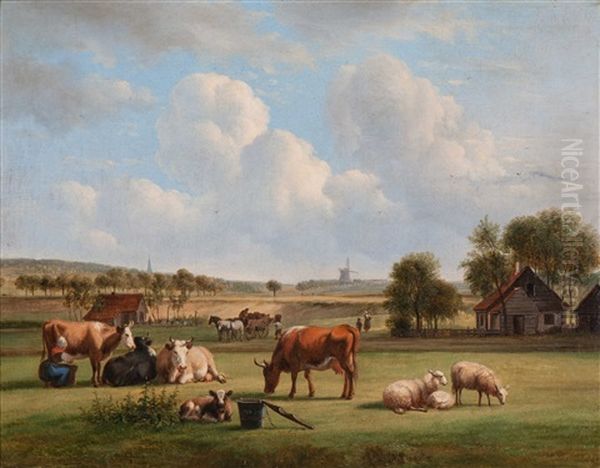 Milking Of The Cattle In A Gelderland Landscape Oil Painting by Nicolaas Johannes Roosenboom