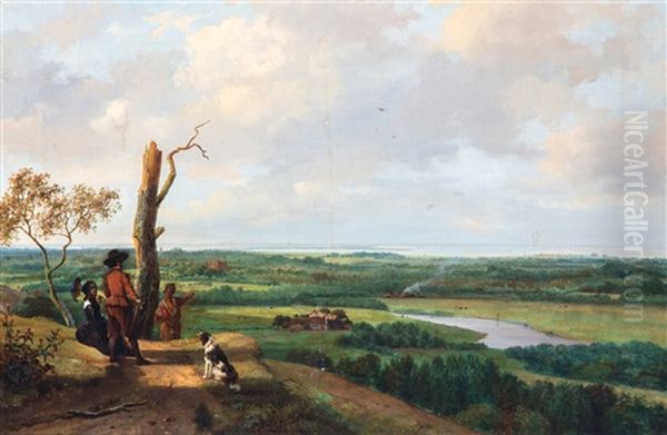 Een Panoramisch Landschap, Een Elegant Paar En Herdersjongen Op De Voorgrond Oil Painting by Nicolaas Johannes Roosenboom