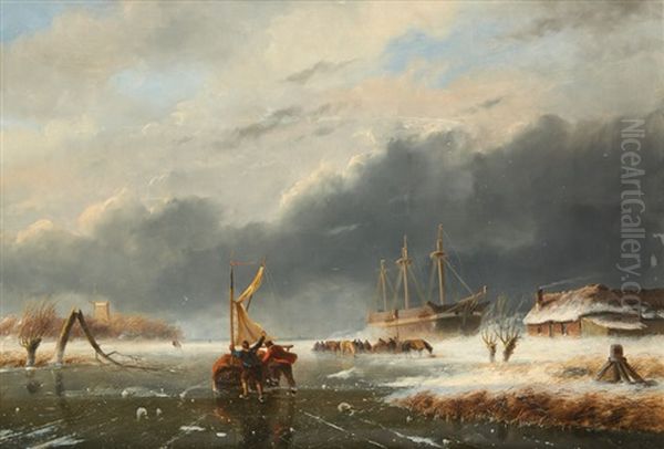 Le Dechargement Du Trois-mats Pris Dans La Glace Oil Painting by Nicolaas Johannes Roosenboom