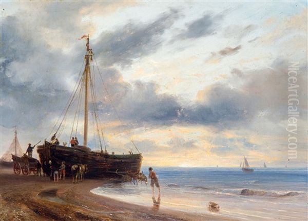 Vissers Bij Boot Op Het Strand In De Late Middag Oil Painting by Nicolaas Johannes Roosenboom