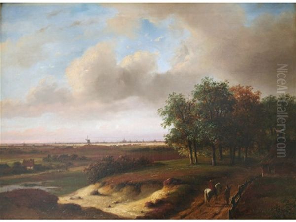 Figures On A Country Road, A Distant Town Beyond Oil Painting by Nicolaas Johannes Roosenboom