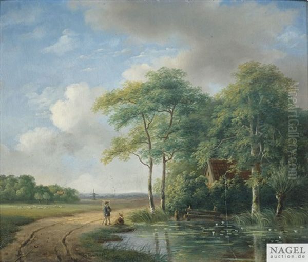 Sommerliche Landschaft Mit Bauernpaar Auf Einem Sandigen Fahrweg An Einem Weiher Oil Painting by Nicolaas Johannes Roosenboom