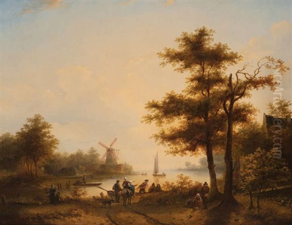 Vue D'une Embouchure Animee De Personnages Au Bord De La Rive Oil Painting by Nicolaas Johannes Roosenboom