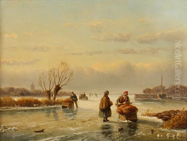 Figures On A Frozen Lake Oil Painting by Nicolaas Johannes Roosenboom