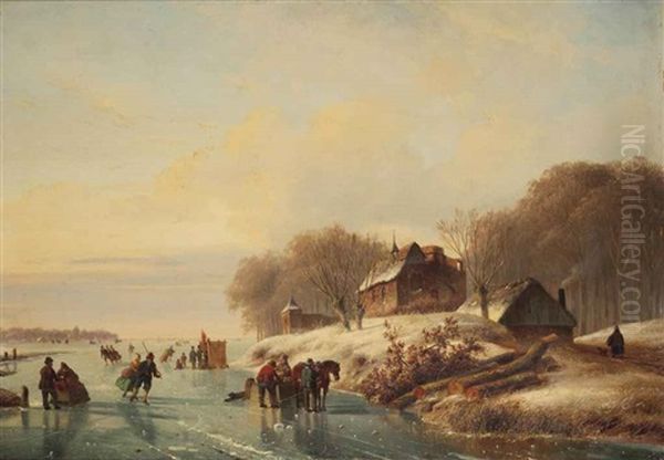 Skating In A Winter Landscape At Dusk Oil Painting by Nicolaas Johannes Roosenboom