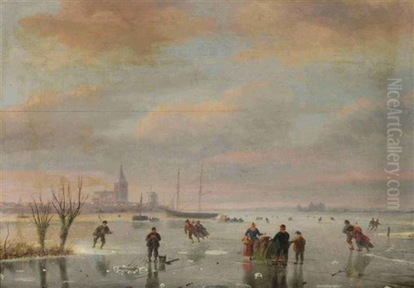 A Winter Landscape With Figures Skating Oil Painting by Nicolaas Johannes Roosenboom