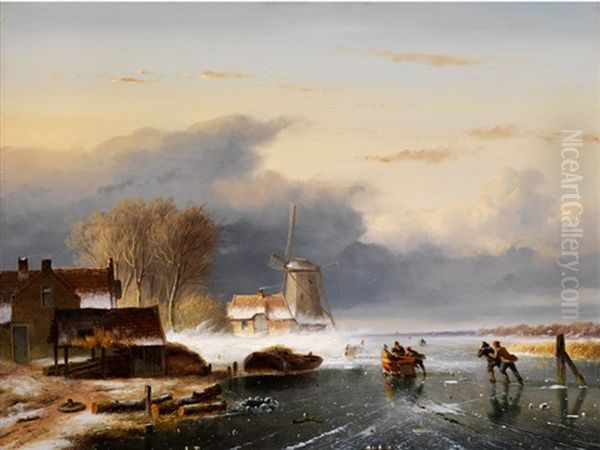 Vereiste Polderlandschaft Mit Windmuhle, Gebauden Und Schlittschuhlaufern Auf Dem Eis Oil Painting by Nicolaas Johannes Roosenboom