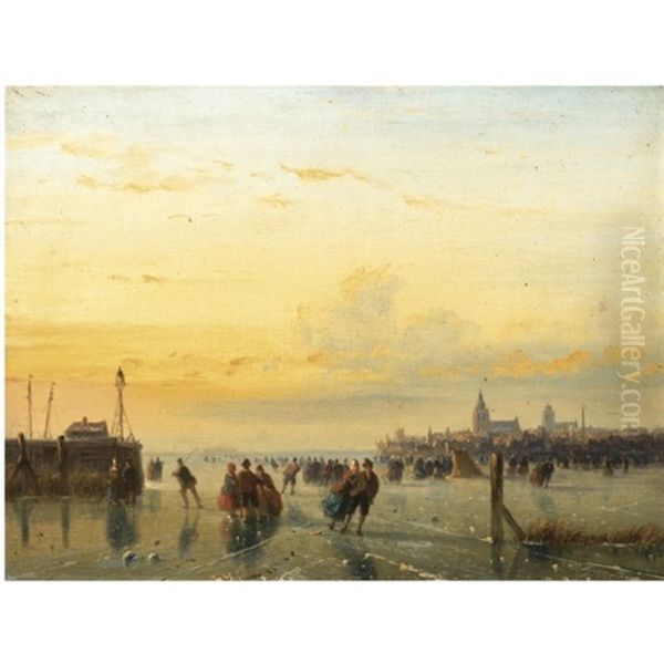 Numerous Skaters Near A Town Oil Painting by Nicolaas Johannes Roosenboom