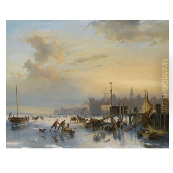 Skaters On The Ij, Amsterdam Oil Painting by Nicolaas Johannes Roosenboom