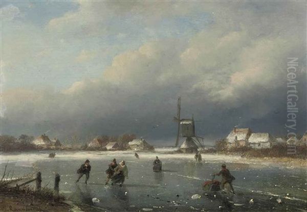 A Winter Landscape With Skaters And A Mill Beyond Oil Painting by Nicolaas Johannes Roosenboom