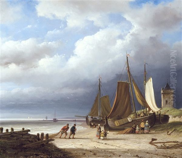 Pecheurs A La Plage Oil Painting by Nicolaas Johannes Roosenboom