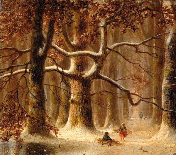 Gathering Wood In The Forest (+ A Conversation In The Forest, Smllr; 2 Works) Oil Painting by Nicolaas Johannes Roosenboom