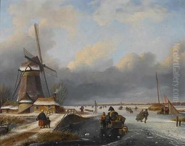 Skaters On A Frozen River Oil Painting by Nicolaas Johannes Roosenboom