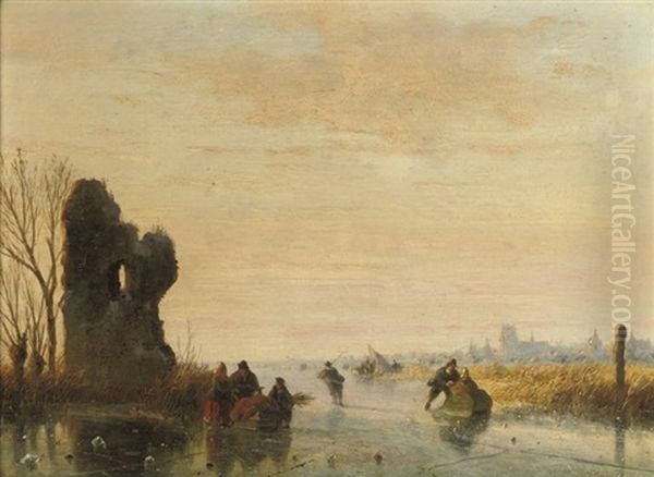 Activities On The Ice, With Dordrecht In The Distance Oil Painting by Nicolaas Johannes Roosenboom