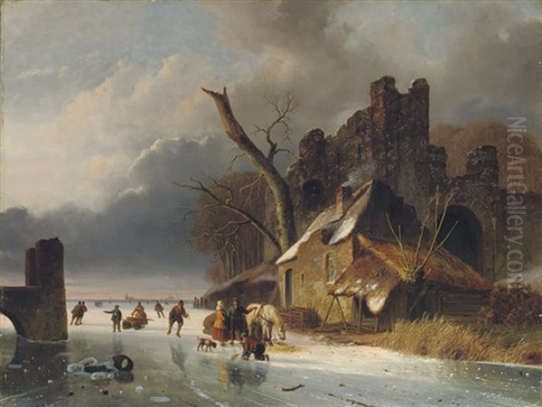 Townspeople On The Ice By A Ruin Oil Painting by Nicolaas Johannes Roosenboom