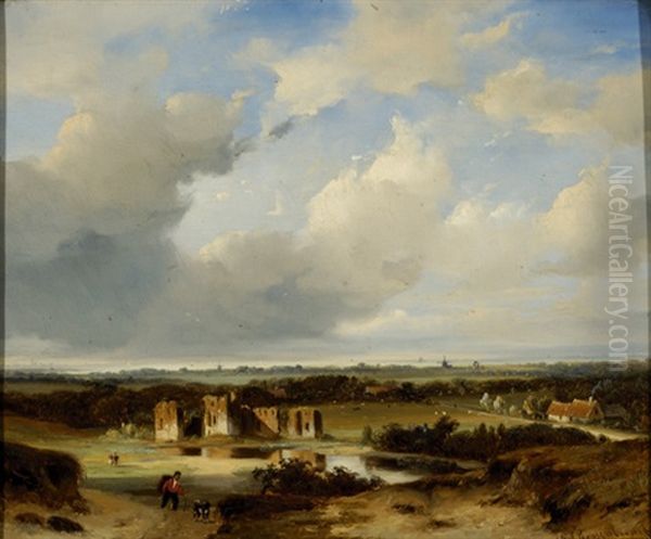 The Ruins Of Brederode In The Kennemerland From Het Kopje In Bloemendaal Oil Painting by Nicolaas Johannes Roosenboom