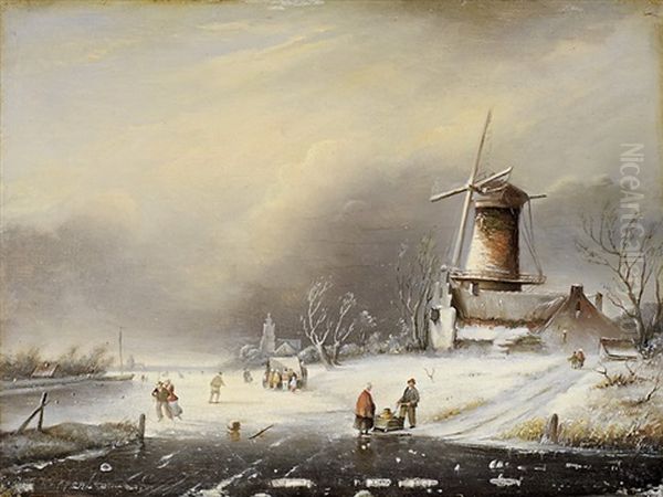 Winterlandschaft Mit Schlittschuhlaufern (+ Another; 2 Works) Oil Painting by Nicolaas Johannes Roosenboom