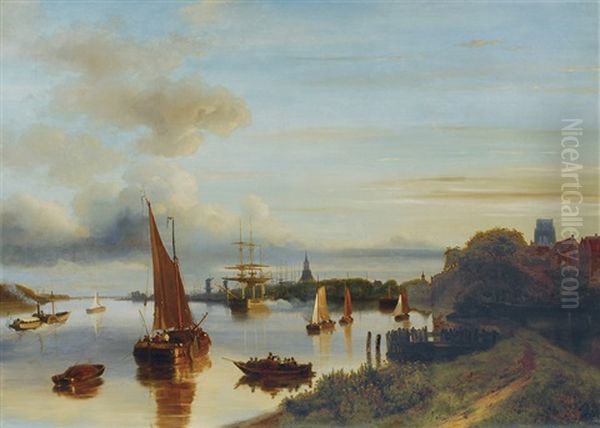 View On The River Maas And The City Of Dordrecht Oil Painting by Nicolaas Johannes Roosenboom