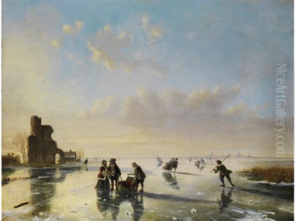 Eisvergnugen In Weiter Polderlandschaft Oil Painting by Nicolaas Johannes Roosenboom