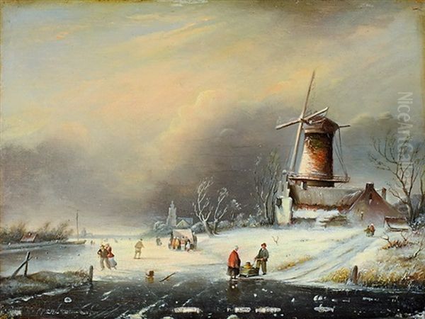 Winterlandschaft Mit Schlittschuhlaufern (+ Winterlandschaft Mit Schlittschuhlaufern; Pair) Oil Painting by Nicolaas Johannes Roosenboom