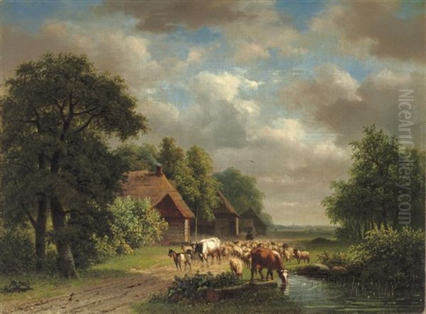 Cattle On A Path Oil Painting by Nicolaas Johannes Roosenboom