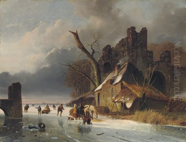 Townspeople On The Ice By A Ruin Oil Painting by Nicolaas Johannes Roosenboom