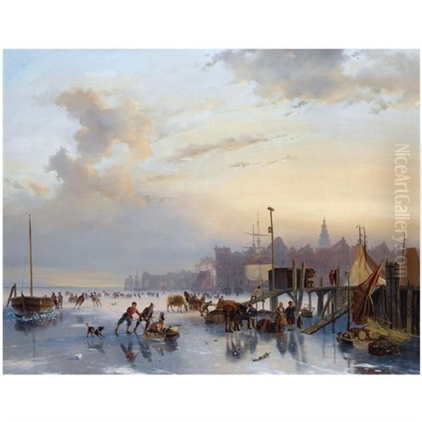 Skaters On The Ij, Amsterdam Oil Painting by Nicolaas Johannes Roosenboom